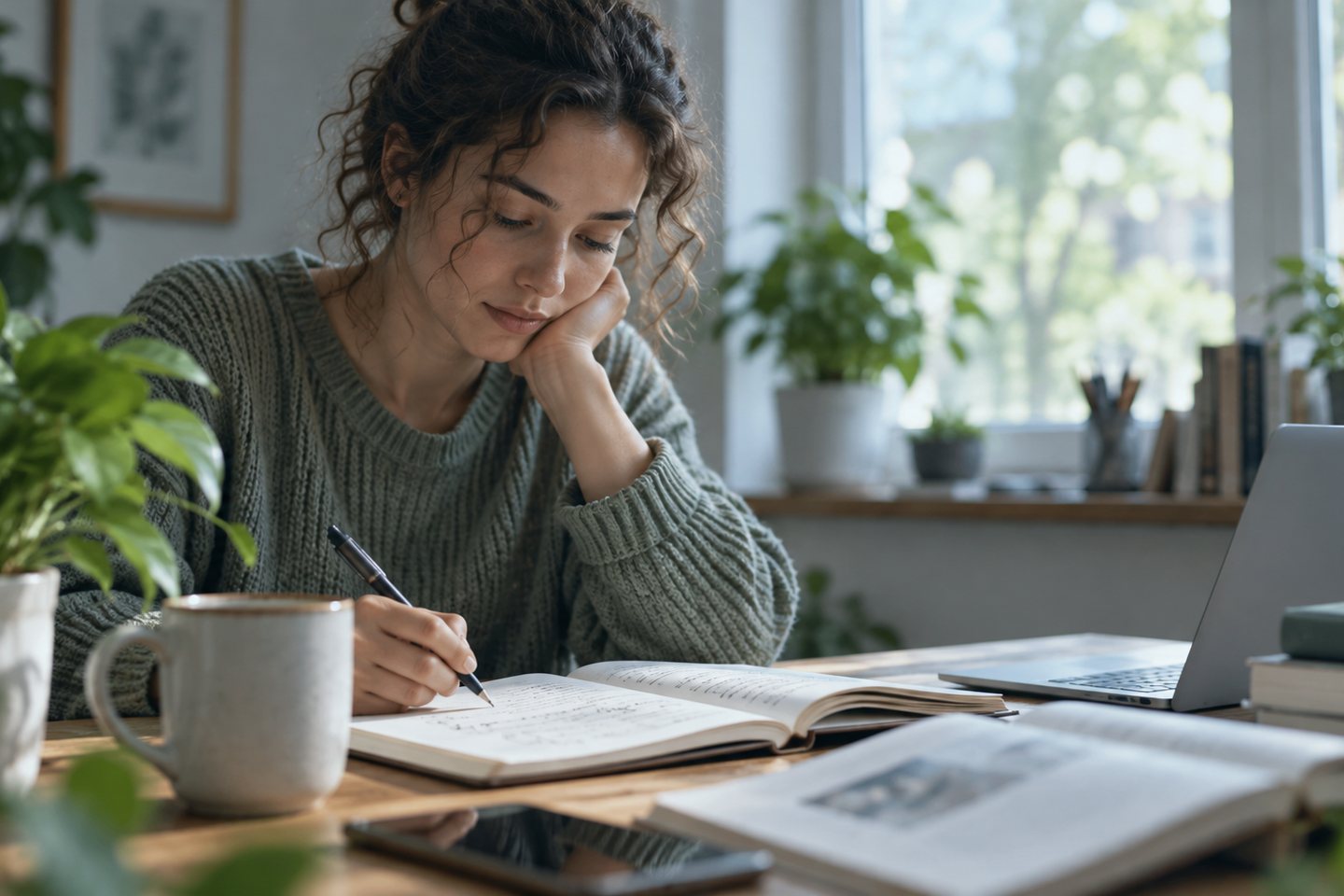 Woman writing in a notebook at a kitchen table.