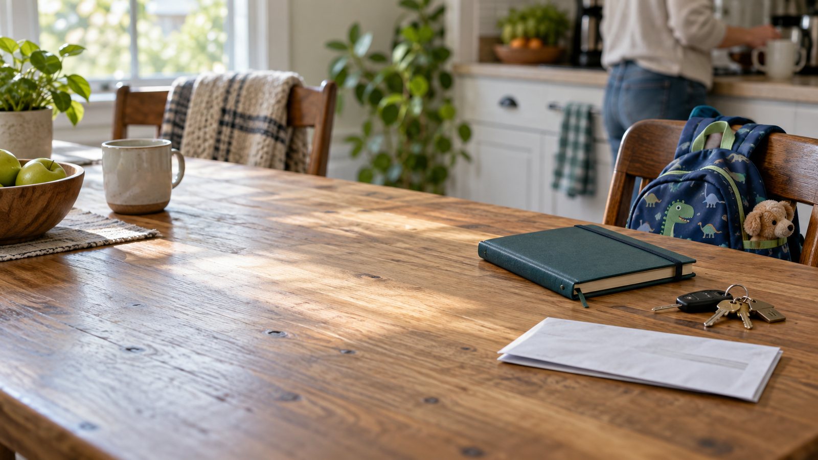 Kitchen table with a notebook, house keys, and a child’s backpack nearby.
